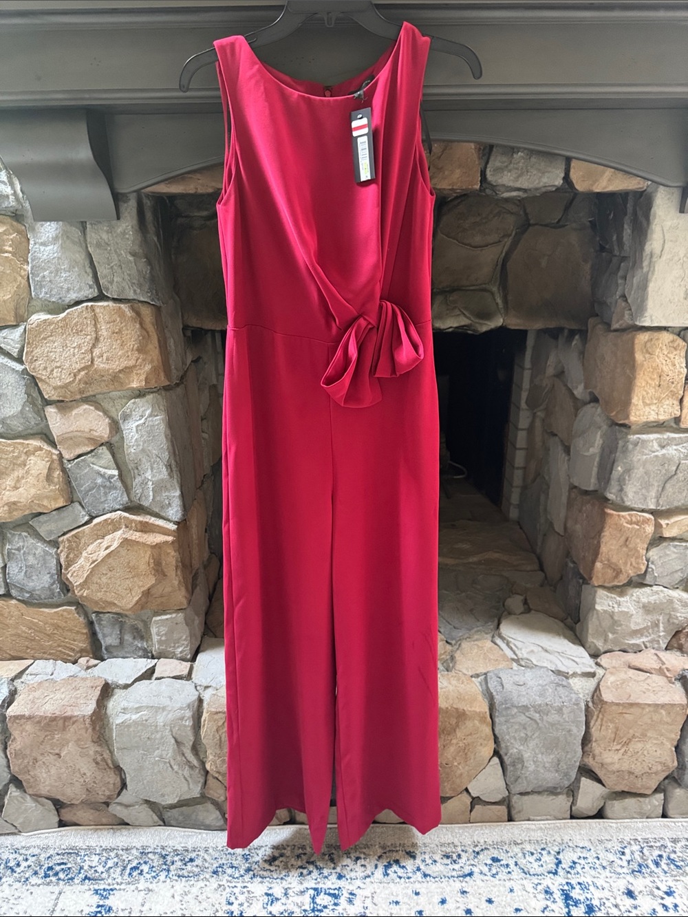 Donna Karan Sleeveless Red Maxi Jumpsuit with Side Knot